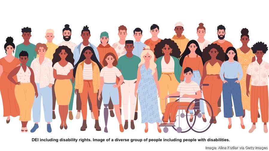 DEI includes disability rights. Image of a diverse group of people including people with disabilities. Image from https://www.bizjournals.com/bizjournals/news/2023/12/20/dei-best-practices-2024.html