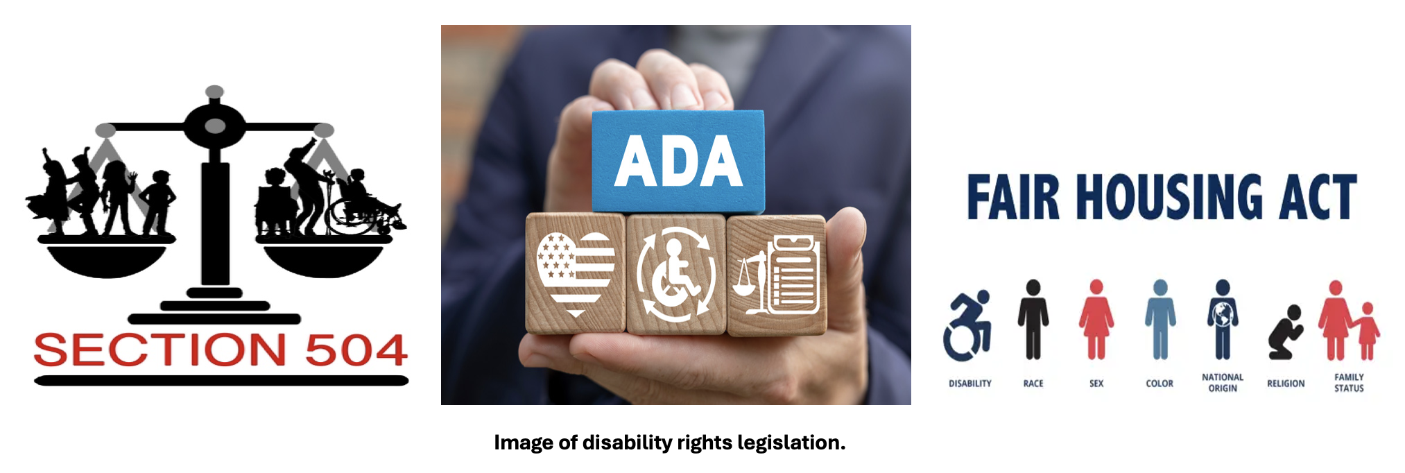 Image of disability rights legislation. Images from https://www.highrockiesliving.com/fair-housing-act-in-colorado/, https://www.davidson.k12.nc.us/apps/pages/index.jsp?uREC_ID=800330&type=d&pREC_ID=1189840, and https://ihdd.org/2023/07/27/the-anniversary-of-the-passage-of-the-ada-celebrating-progress-and-advocating-for-inclusion/